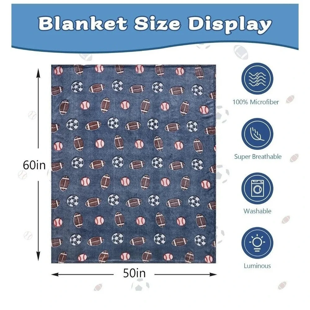 NEW Soccer Football Baseball Glow in the Dark Throw Blanket, Size 50in. x 60in.